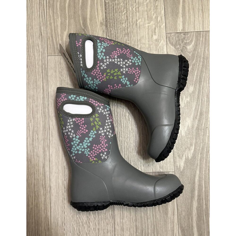 Bogs Youth York Star Heart Mid Calf Grey Pull On Rubber Rain Boots Sz 1 - Picture 3 of 9